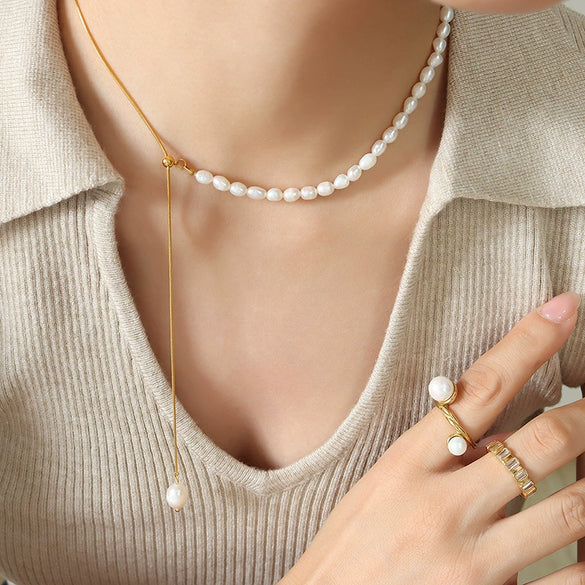 Wholesale Fresh Water Pearl Chain Titanium Steel Gold Plated Snake Bone Chain Necklace And Bracelet With Geometric Design For Women