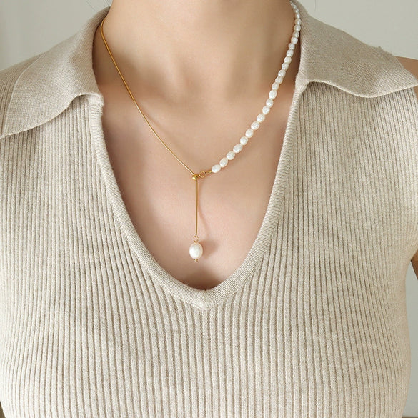 Wholesale Fresh Water Pearl Chain Titanium Steel Gold Plated Snake Bone Chain Necklace And Bracelet With Geometric Design For Women