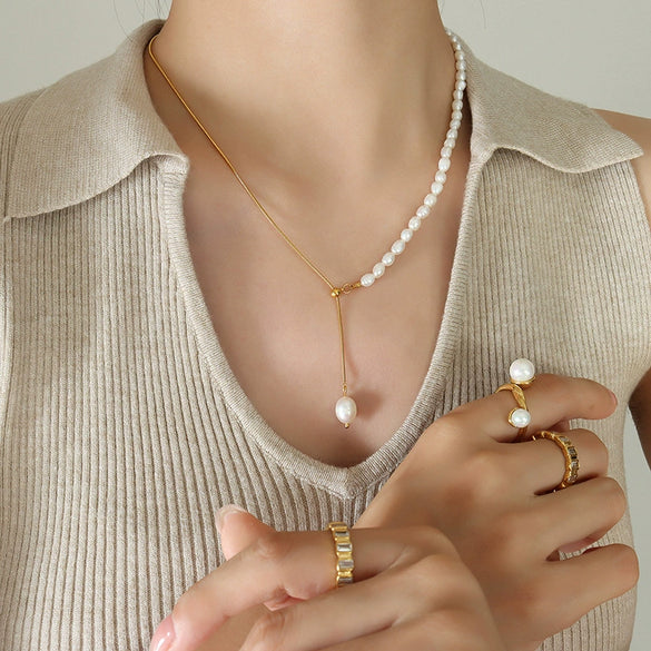 Wholesale Fresh Water Pearl Chain Titanium Steel Gold Plated Snake Bone Chain Necklace And Bracelet With Geometric Design For Women