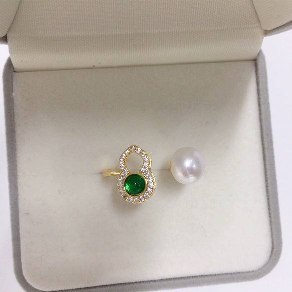 Wholesale Freshwater Pearl And Green Agate Gourd Ring With Copper Material And Electroplating In Fashion Style For Women