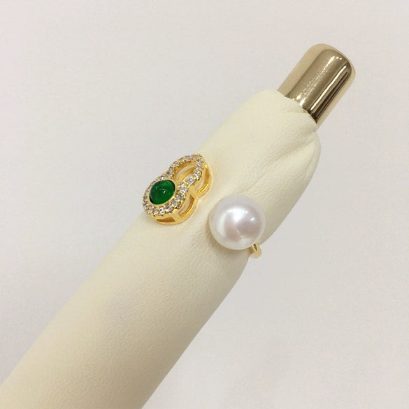 Wholesale Freshwater Pearl And Green Agate Gourd Ring With Copper Material And Electroplating In Fashion Style For Women