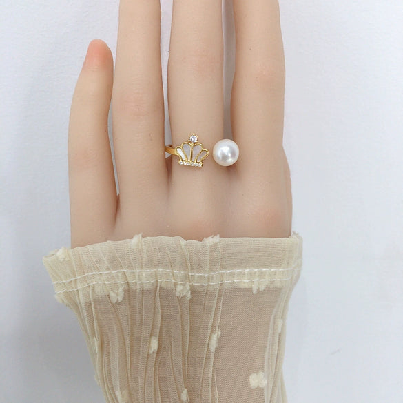 Wholesale Freshwater Pearl And Sea Shell Crown Open Ring Highgloss Natural 5A Grade Goldfilled Copper Accessories Fashion Style For Women