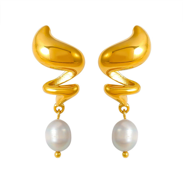 Wholesale Freshwater Pearl And 316L Stainless Steel Earrings Retro Fashion Spiral Shape Geometric Style 18K Gold Plated