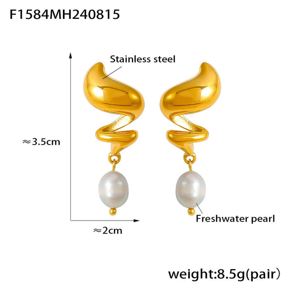 Wholesale Freshwater Pearl And 316L Stainless Steel Earrings Retro Fashion Spiral Shape Geometric Style 18K Gold Plated