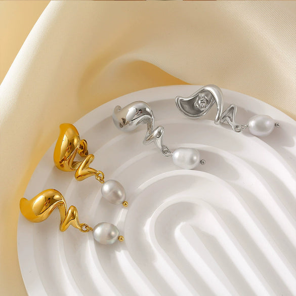 Wholesale Freshwater Pearl And 316L Stainless Steel Earrings Retro Fashion Spiral Shape Geometric Style 18K Gold Plated