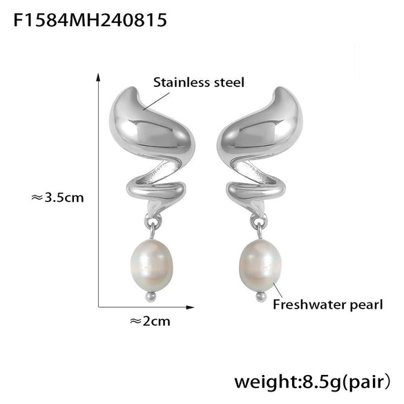 Wholesale Freshwater Pearl And 316L Stainless Steel Earrings Retro Fashion Spiral Shape Geometric Style 18K Gold Plated