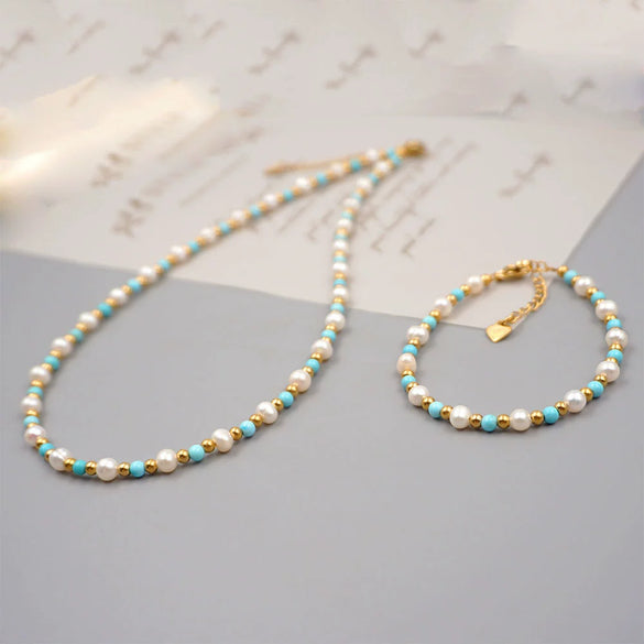 Wholesale Freshwater Pearl And Turquoise Jewelry Set Handmade Retro Geometric Design For Women