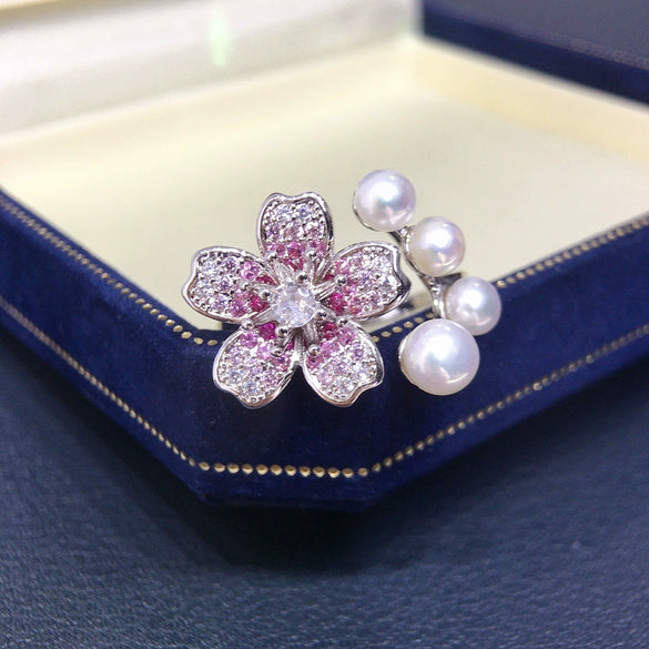Wholesale Freshwater Pearl And Zircon Ring With Cherry Blossom Gradient For Women Copper Material