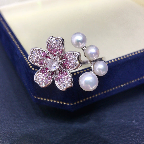 Wholesale Freshwater Pearl And Zircon Ring With Cherry Blossom Gradient For Women Copper Material