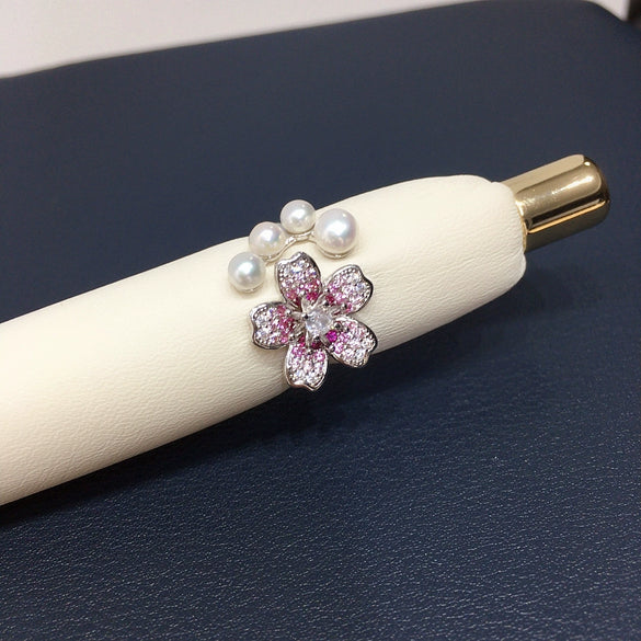 Wholesale Freshwater Pearl And Zircon Ring With Cherry Blossom Gradient For Women Copper Material