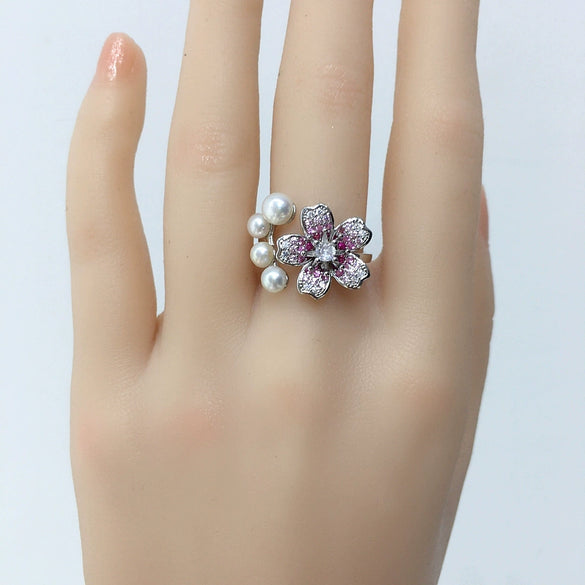 Wholesale Freshwater Pearl And Zircon Ring With Cherry Blossom Gradient For Women Copper Material