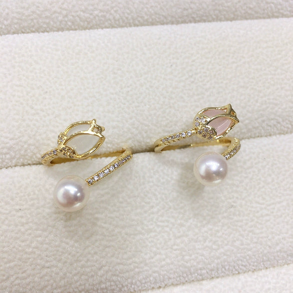 Wholesale Freshwater Pearl Copper Ring With Micropaved Zircon And Tulip Open Design Fashionable For Women