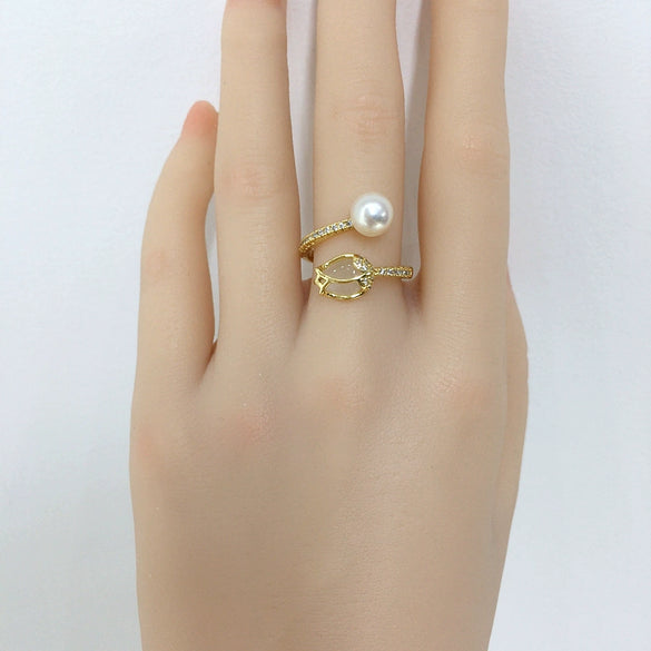 Wholesale Freshwater Pearl Copper Ring With Micropaved Zircon And Tulip Open Design Fashionable For Women