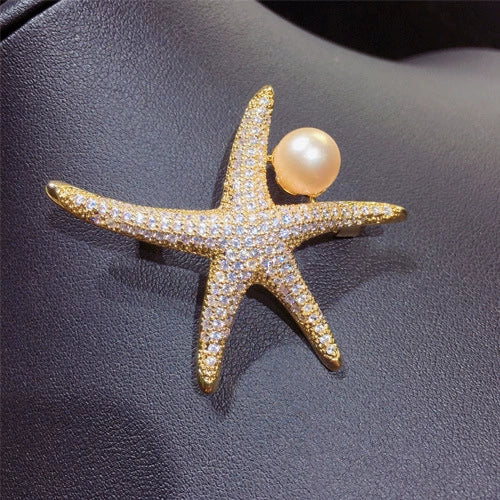 Wholesale Freshwater Pearl Copper Starfish Microinlaid Brooch For Women Fashion Decoration
