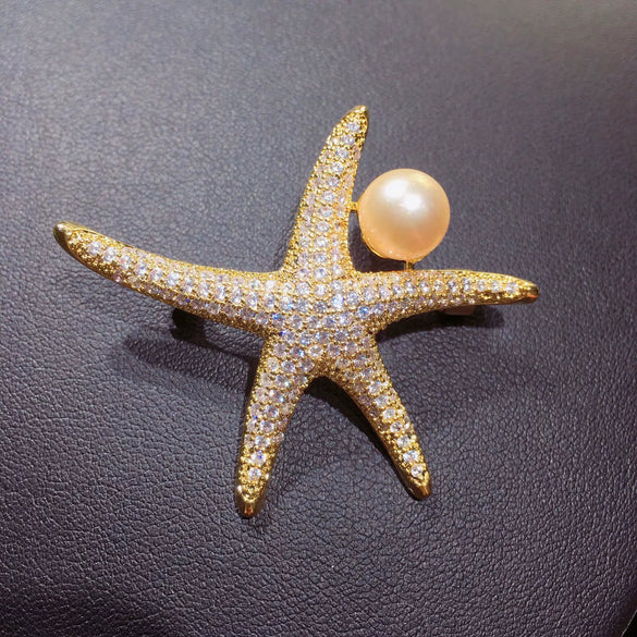 Wholesale Freshwater Pearl Copper Starfish Microinlaid Brooch For Women Fashion Decoration