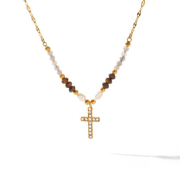 Wholesale Freshwater Pearl Cross Necklace With Diamonds For Women Stainless Steel Jewelry