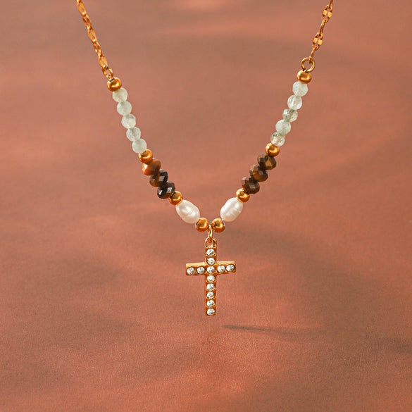 Wholesale Freshwater Pearl Cross Necklace With Diamonds For Women Stainless Steel Jewelry