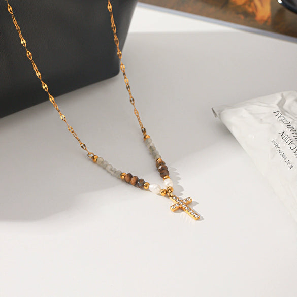 Wholesale Freshwater Pearl Cross Necklace With Diamonds For Women Stainless Steel Jewelry