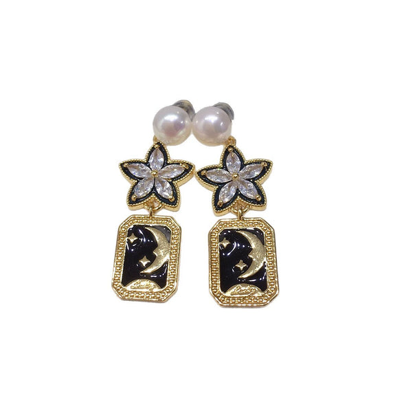 Wholesale Freshwater Pearl Earrings Alloy Inlaid With Artificial And Semiprecious Gemstones Retro Star And Moon Square Feminine Style