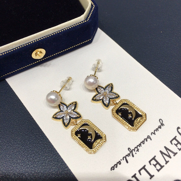 Wholesale Freshwater Pearl Earrings Alloy Inlaid With Artificial And Semiprecious Gemstones Retro Star And Moon Square Feminine Style