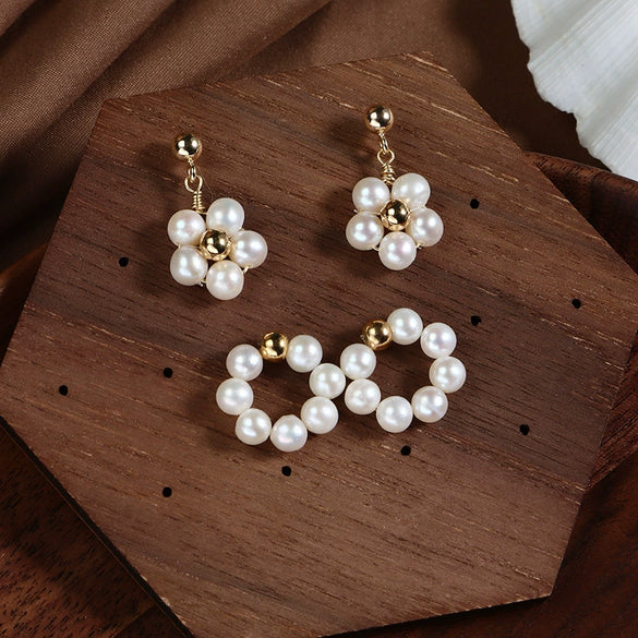 Wholesale Freshwater Pearl Earrings Copper Gold Plated S925 Sterling Silver Unisex Natural Style Flower Circle Design