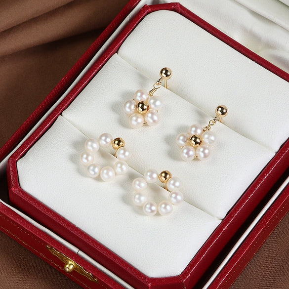 Wholesale Freshwater Pearl Earrings Copper Gold Plated S925 Sterling Silver Unisex Natural Style Flower Circle Design