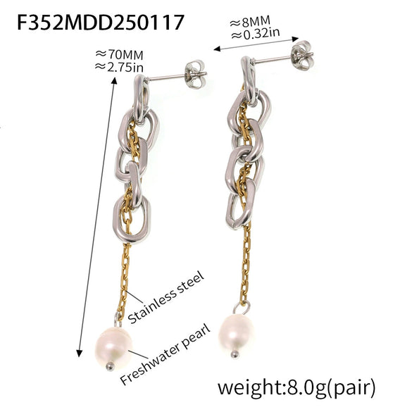 Wholesale Freshwater Pearl Earrings With Omega Card Chain Tassel Stainless Steel Plated Geometric Design Light Luxury Style For Women