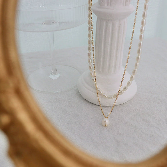 Wholesale Freshwater Pearl Geometric Simple Natural Titanium Steel Electroplated Stacked Necklace For Women