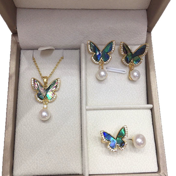 Wholesale Freshwater Pearl Jewelry Set With Abalone Shell And Butterfly Design