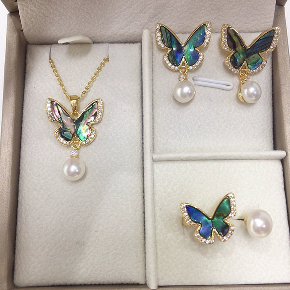 Wholesale Freshwater Pearl Jewelry Set With Abalone Shell And Butterfly Design