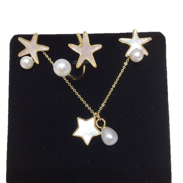 Wholesale Freshwater Pearl Jewelry Set With Natural Sea Shell Starfish Shape Pendant Stud Earrings And Ring