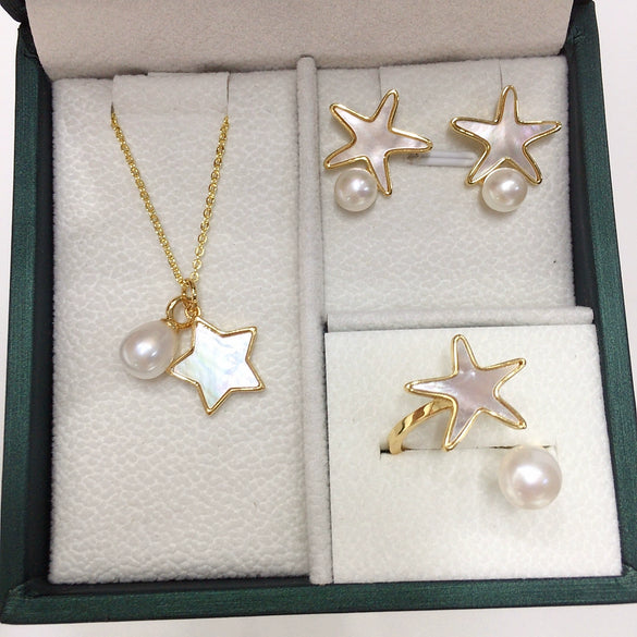 Wholesale Freshwater Pearl Jewelry Set With Natural Sea Shell Starfish Shape Pendant Stud Earrings And Ring
