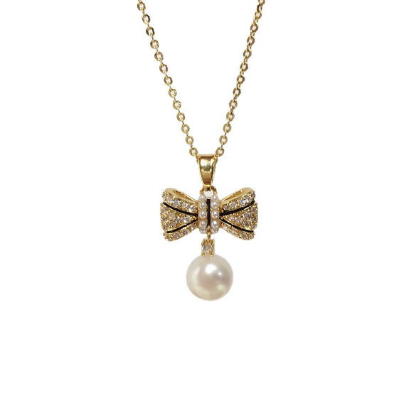 Wholesale Freshwater Pearl Necklace With Copper Microinlaid Zircon Bow Pendant Flat Round And Bun Round Shapes Fashion And Minimalist Style