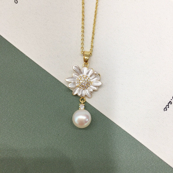 Wholesale Freshwater Pearl Pendant Earrings With Sunflower Design