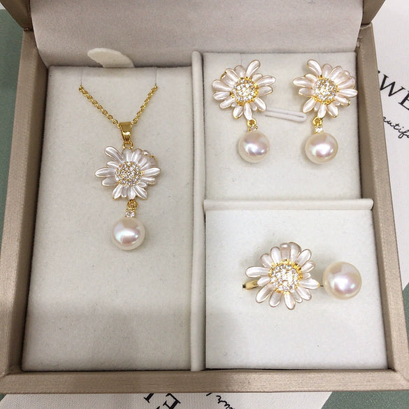 Wholesale Freshwater Pearl Pendant Earrings With Sunflower Design