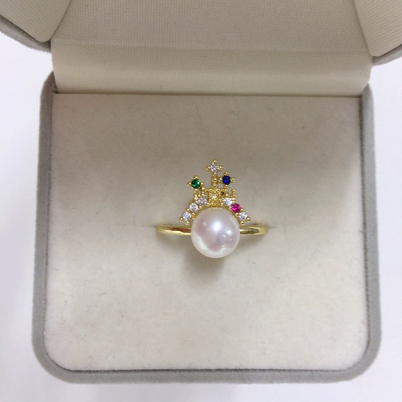 Wholesale Freshwater Pearl Ring Copper 18K Gold Plated Oblate And Round Castle Design