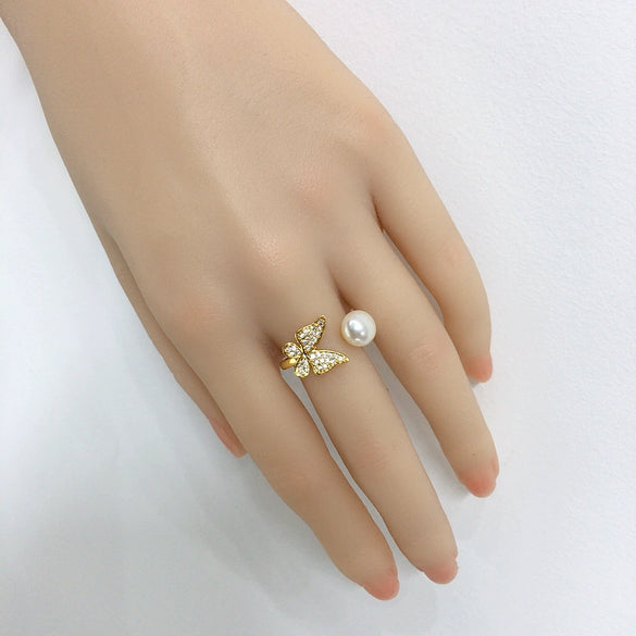 Wholesale Freshwater Pearl Ring Copper 18K Goldfilled Micropaved Zircon Butterfly Oblate Treated Bun Round Style Women