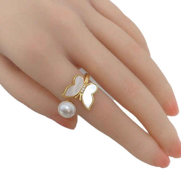 Wholesale Freshwater Pearl Ring Copper 18K Real Gold Electroplating Oblate Treated Round Natural Sea Bebe Mother Butterfly Style
