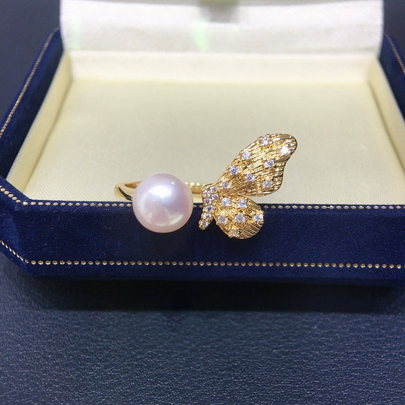 Wholesale Freshwater Pearl Ring Copper Retro Halfwinged Butterfly Style For Women