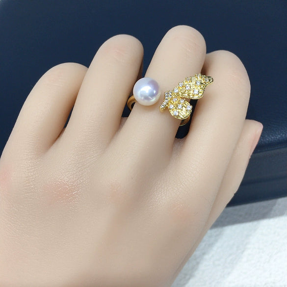 Wholesale Freshwater Pearl Ring Copper Retro Halfwinged Butterfly Style For Women
