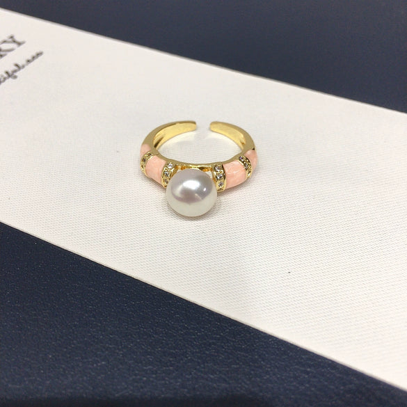 Wholesale Freshwater Pearl Ring Copper Retro Highend French Enamel Open Ring For Women With Flat Round And Bun Round Pearls