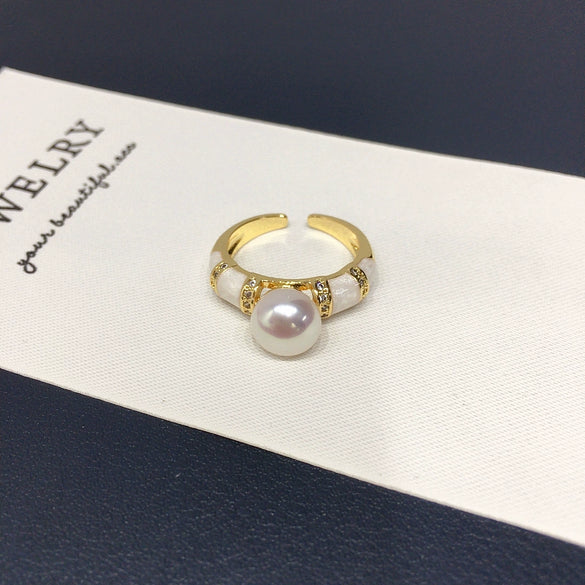 Wholesale Freshwater Pearl Ring Copper Retro Highend French Enamel Open Ring For Women With Flat Round And Bun Round Pearls