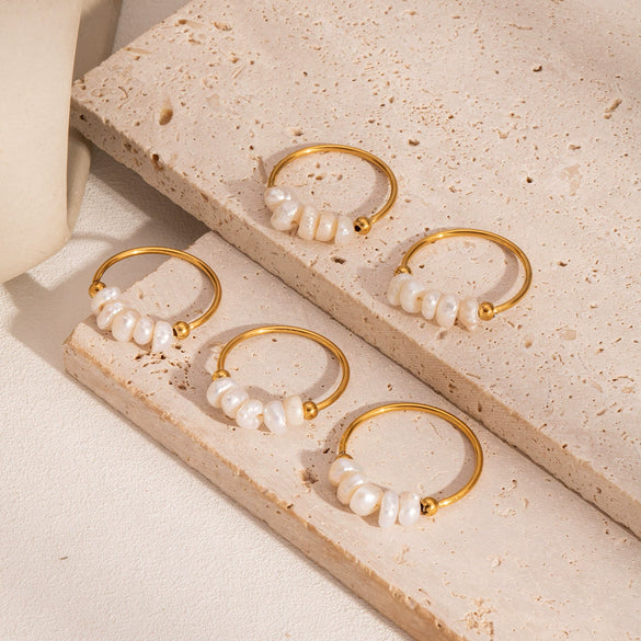 Wholesale Freshwater Pearl Ring In Elegant Niche Design Light Luxury Style Geometric Shape Stainless Steel With Pvd Furnace Vacuum Real Gold Plating For Women