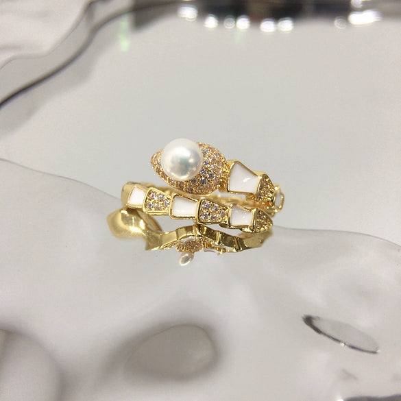 Wholesale Freshwater Pearl Ring Natural Pearl Copper With 18K Gold Plating Micro Inlaid Zircon Snake Design Women's