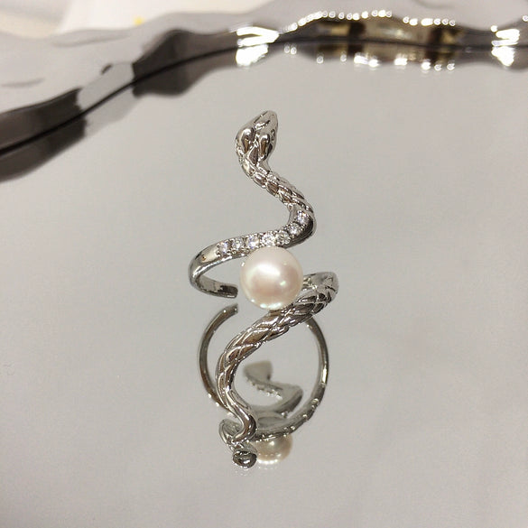 Wholesale Freshwater Pearl Ring Punk Style Copper 18K Gold Electroplated Open Exaggerated Snake Ring For Women