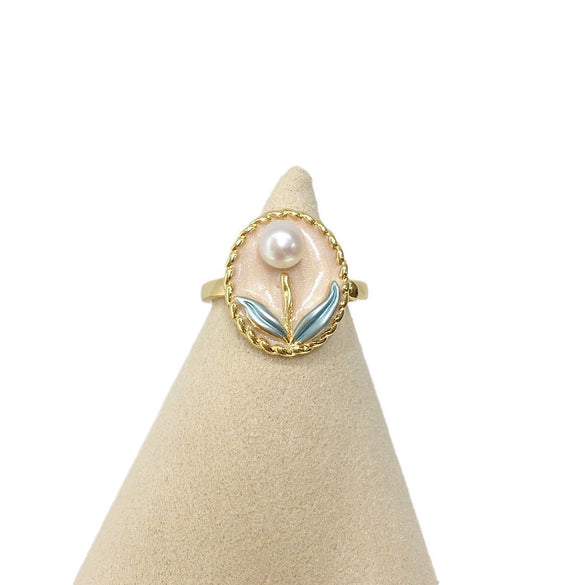 Wholesale Freshwater Pearl Ring Retro Oval Style Copper Inlay Women's