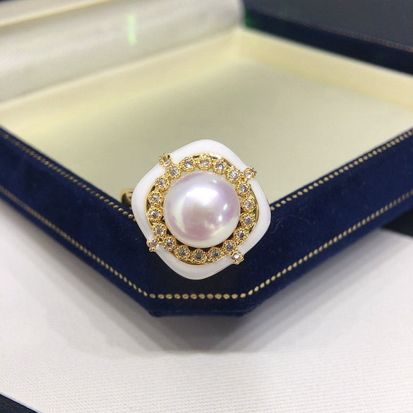 Wholesale Freshwater Pearl Ring Retro Square Geometric Style Copper Women's Hand Accessory