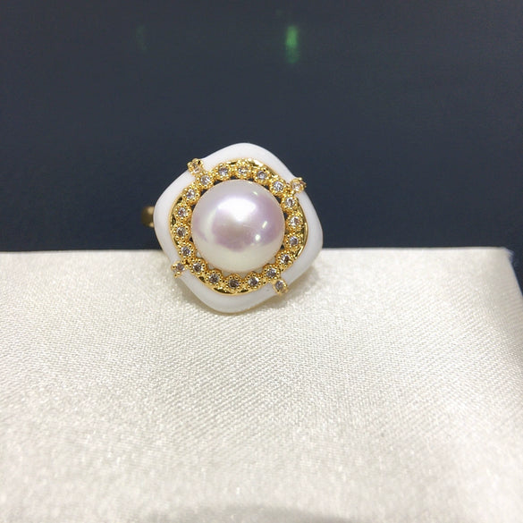 Wholesale Freshwater Pearl Ring Retro Square Geometric Style Copper Women's Hand Accessory