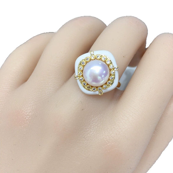 Wholesale Freshwater Pearl Ring Retro Square Geometric Style Copper Women's Hand Accessory