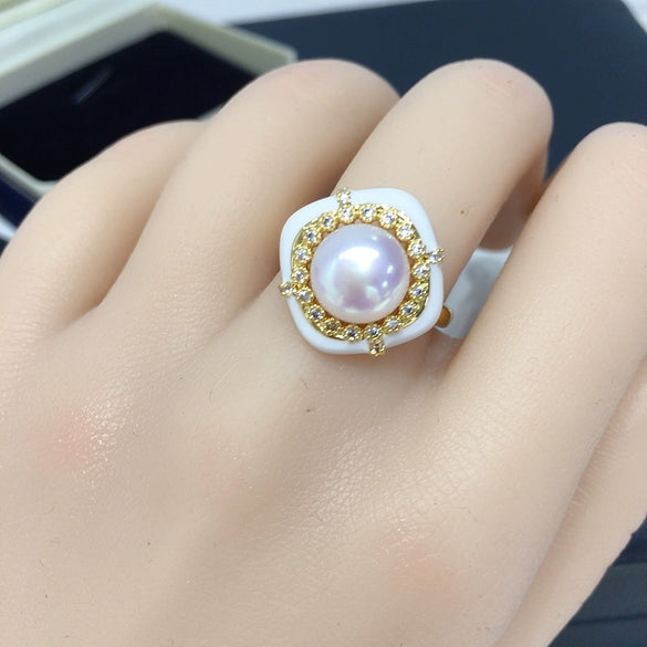 Wholesale Freshwater Pearl Ring Retro Square Geometric Style Copper Women's Hand Accessory